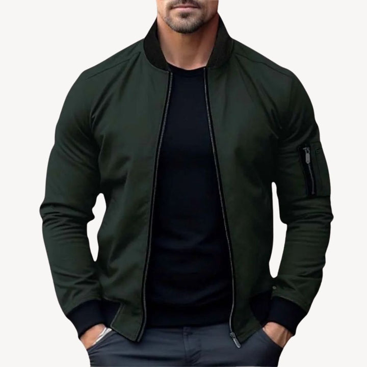 Men's Classic Zip-Up Bomber Jacket Ribbed Collar Outerwear