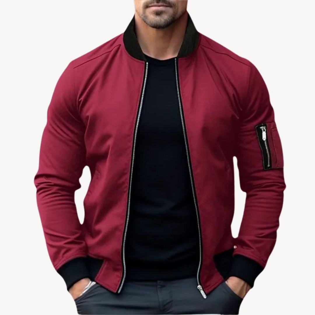 Men's Classic Zip-Up Bomber Jacket Ribbed Collar Outerwear