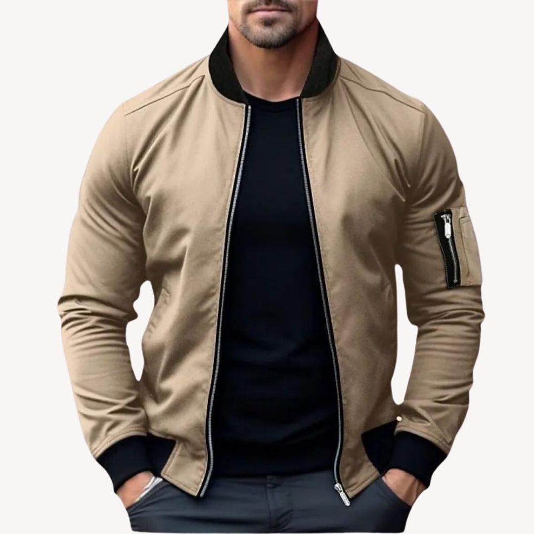 Men's Classic Zip-Up Bomber Jacket Ribbed Collar Outerwear