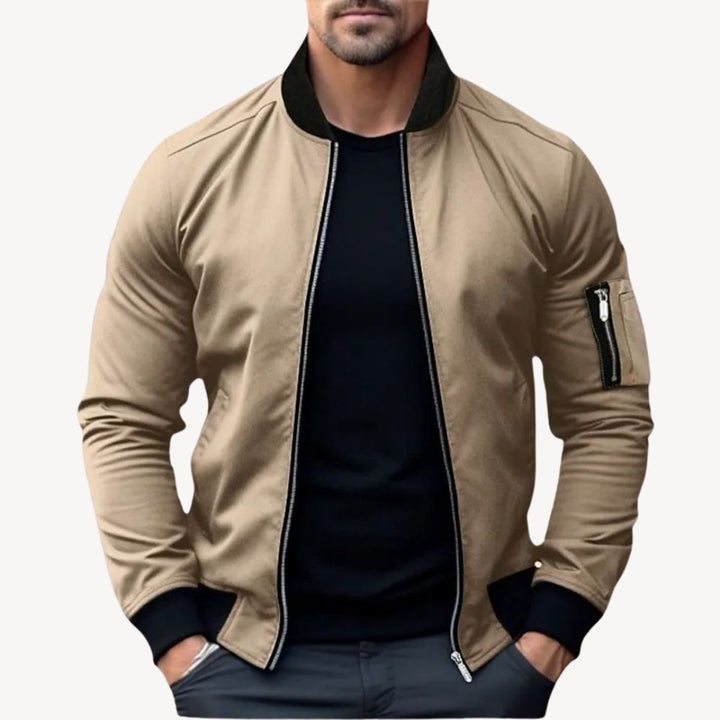 Men's Classic Zip-Up Bomber Jacket Ribbed Collar Outerwear
