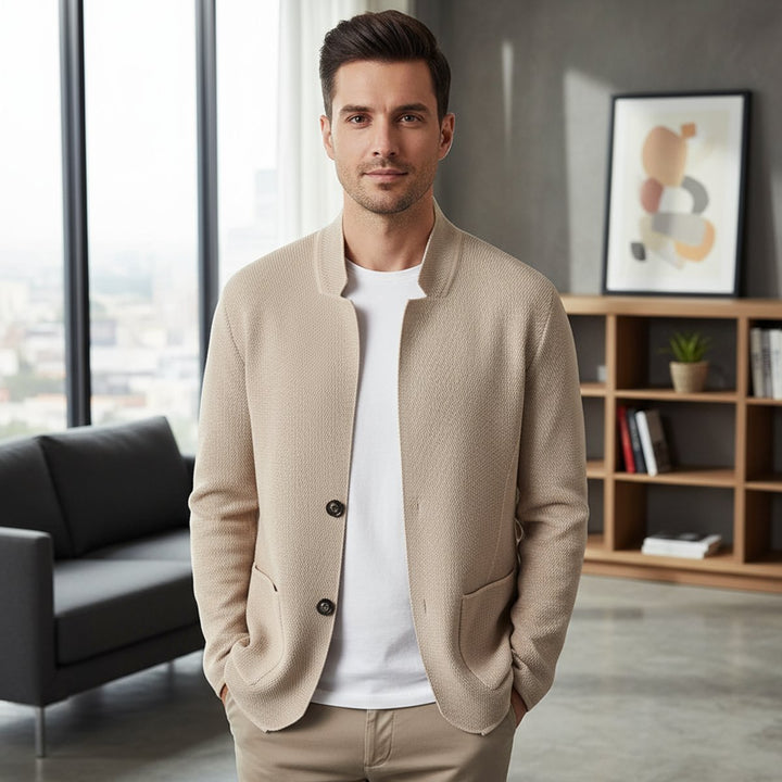 Mens Collarless Wool Blend Knit Jacket Tailored Cardigan Coat