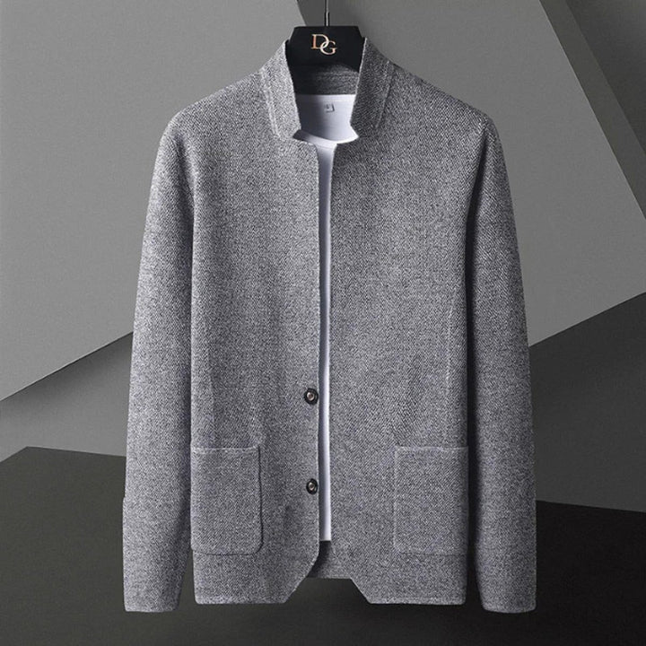 Mens Collarless Wool Blend Knit Jacket Tailored Cardigan Coat