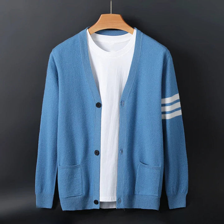 Men's Collegiate Striped-Sleeve V-Neck Knitted Cardigan Jumper