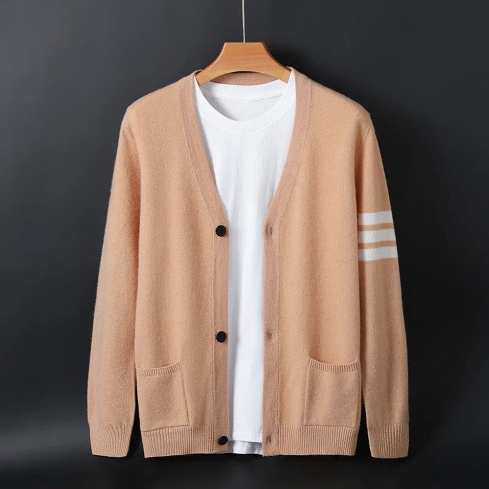 Men's Collegiate Striped-Sleeve V-Neck Knitted Cardigan Jumper