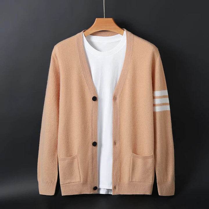 Men's Collegiate Striped-Sleeve V-Neck Knitted Cardigan Jumper