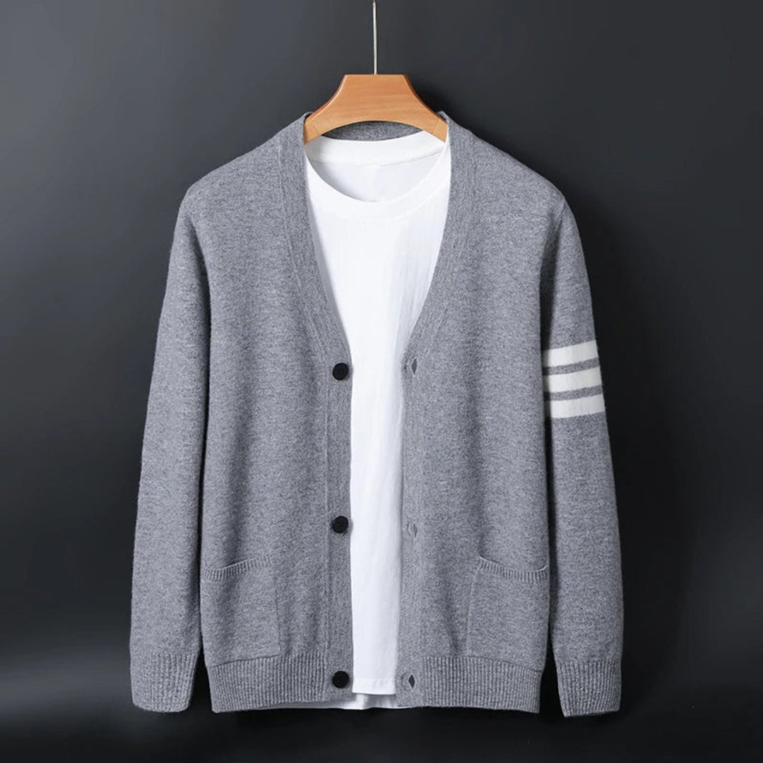 Men's Collegiate Striped-Sleeve V-Neck Knitted Cardigan Jumper