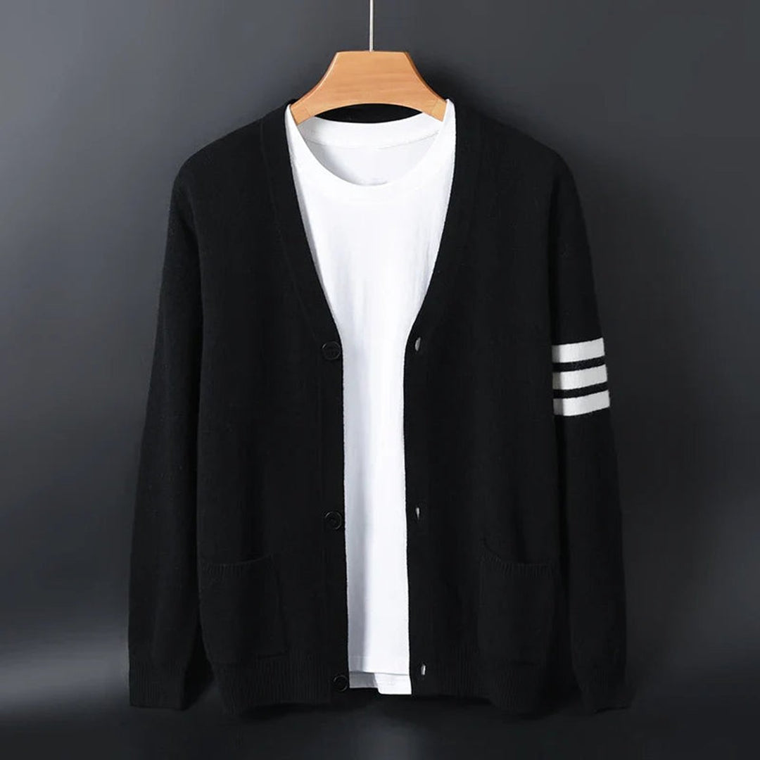 Men's Collegiate Striped-Sleeve V-Neck Knitted Cardigan Jumper