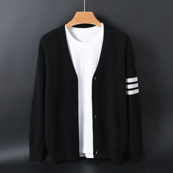 Men's Collegiate Striped-Sleeve V-Neck Knitted Cardigan Jumper