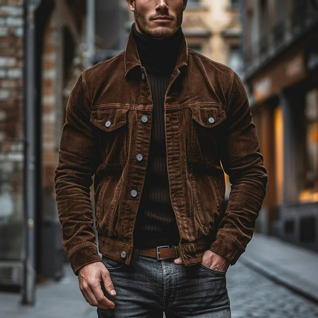 Men's Corduroy Bomber Jacket Single-Breasted Overshirt