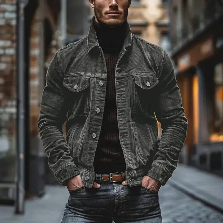 Men's Corduroy Bomber Jacket Single-Breasted Overshirt