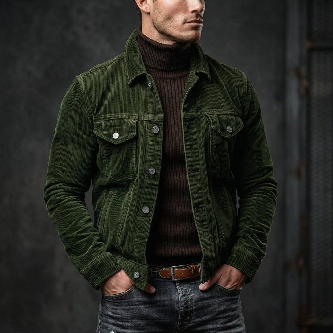 Men's Corduroy Bomber Jacket Single-Breasted Overshirt