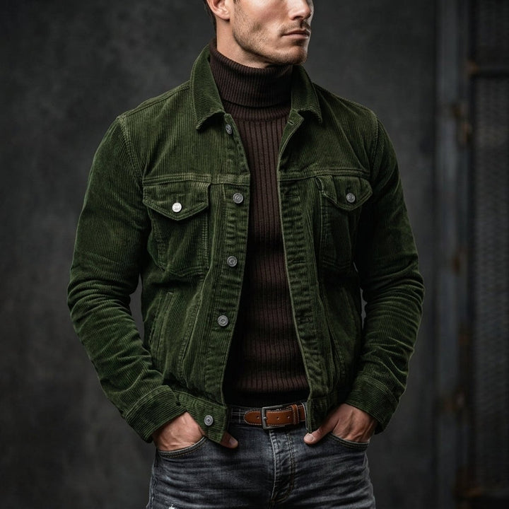 Men's Corduroy Bomber Jacket Single-Breasted Overshirt