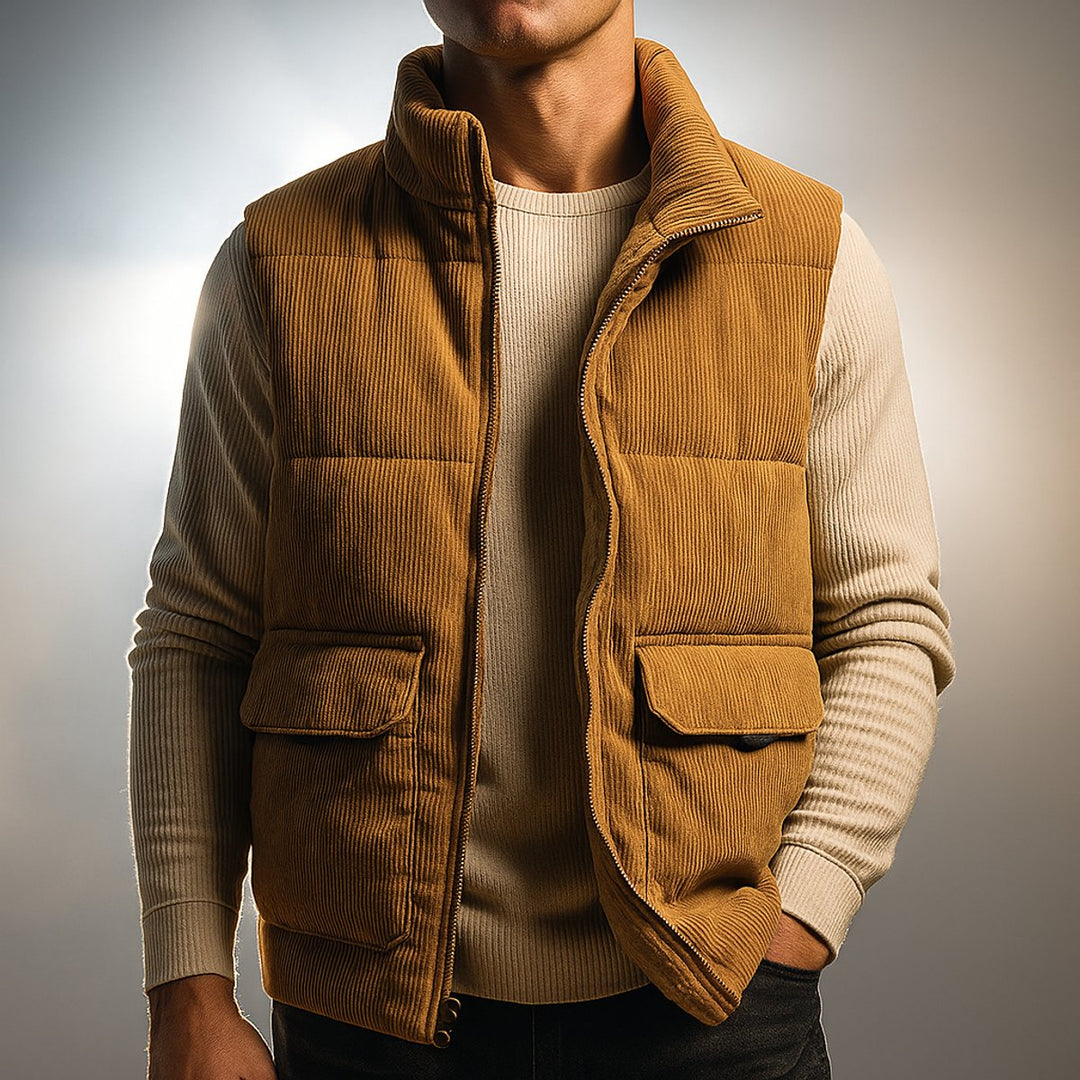 Men's Corduroy Zip Hoodie Quilted Sleeveless Gilet Vest