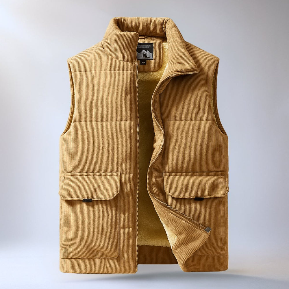 Men's Corduroy Zip Hoodie Quilted Sleeveless Gilet Vest