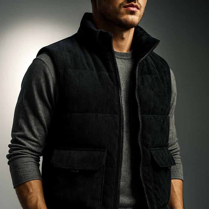 Men's Corduroy Zip Hoodie Quilted Sleeveless Gilet Vest