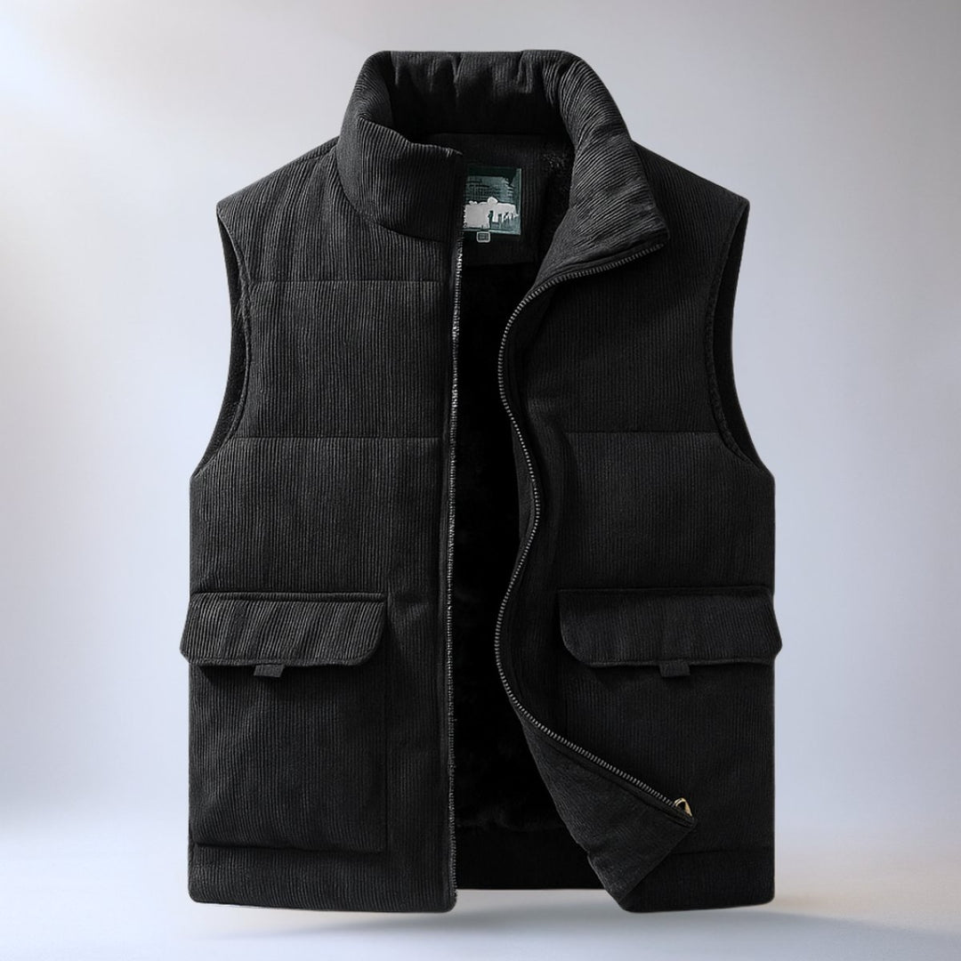 Men's Corduroy Zip Hoodie Quilted Sleeveless Gilet Vest
