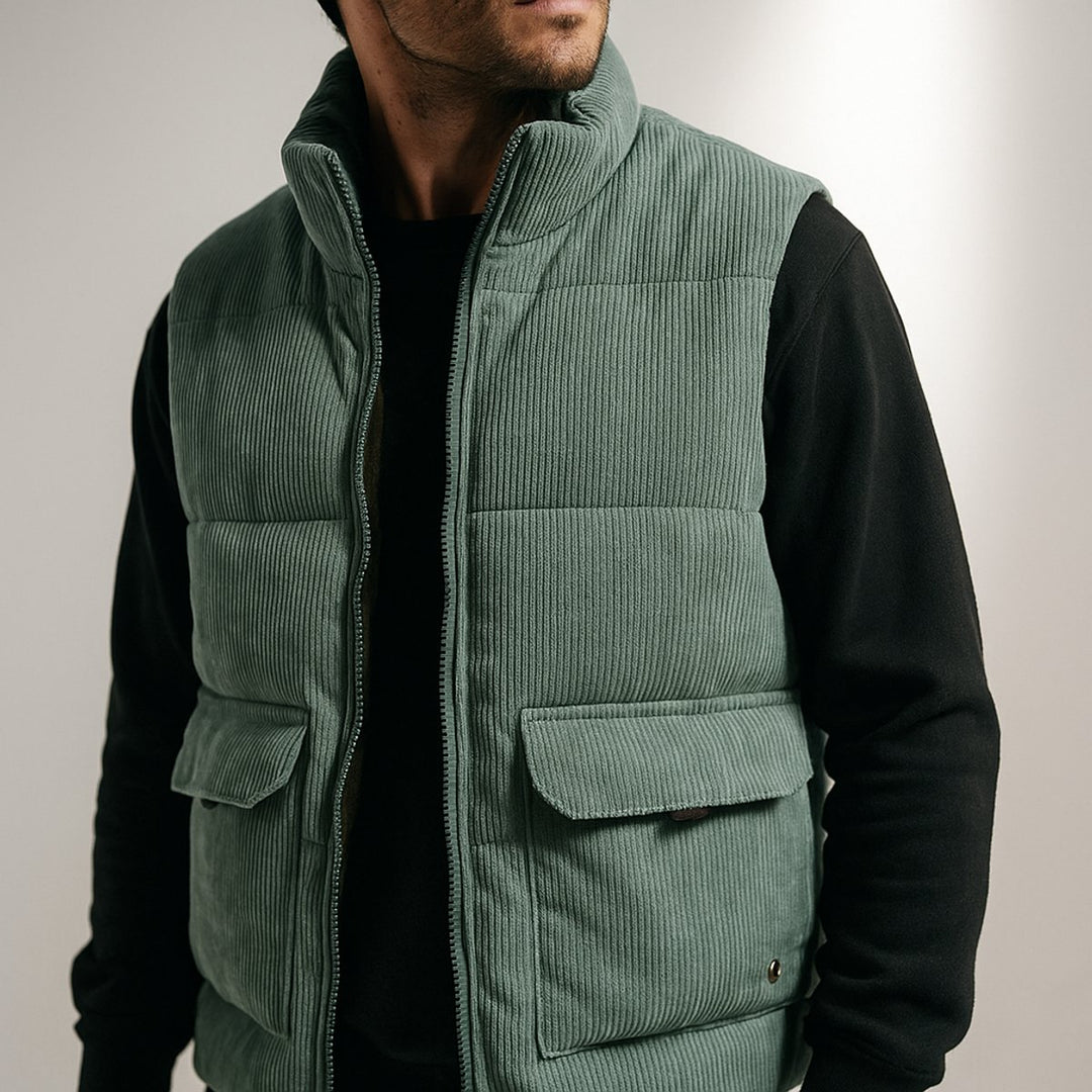 Men's Corduroy Zip Hoodie Quilted Sleeveless Gilet Vest