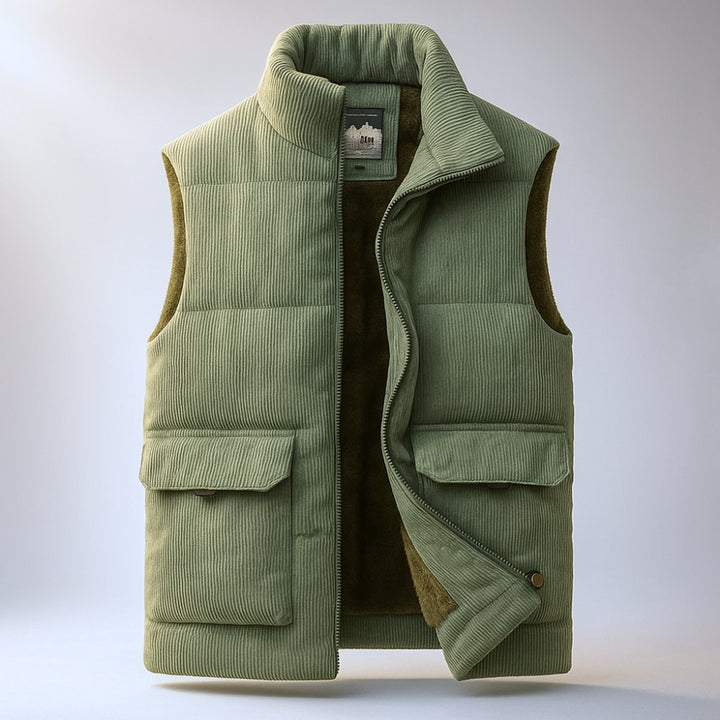 Men's Corduroy Zip Hoodie Quilted Sleeveless Gilet Vest