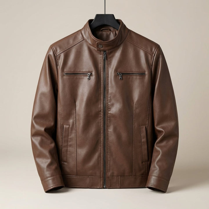 Men's Cowhide-Style Leather Biker Jacket Stand Collar Zip