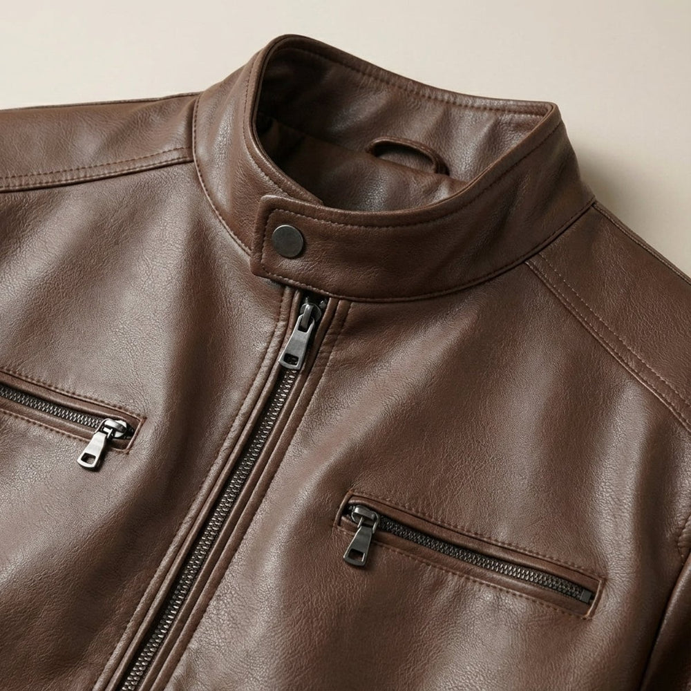 Men's Cowhide-Style Leather Biker Jacket Stand Collar Zip