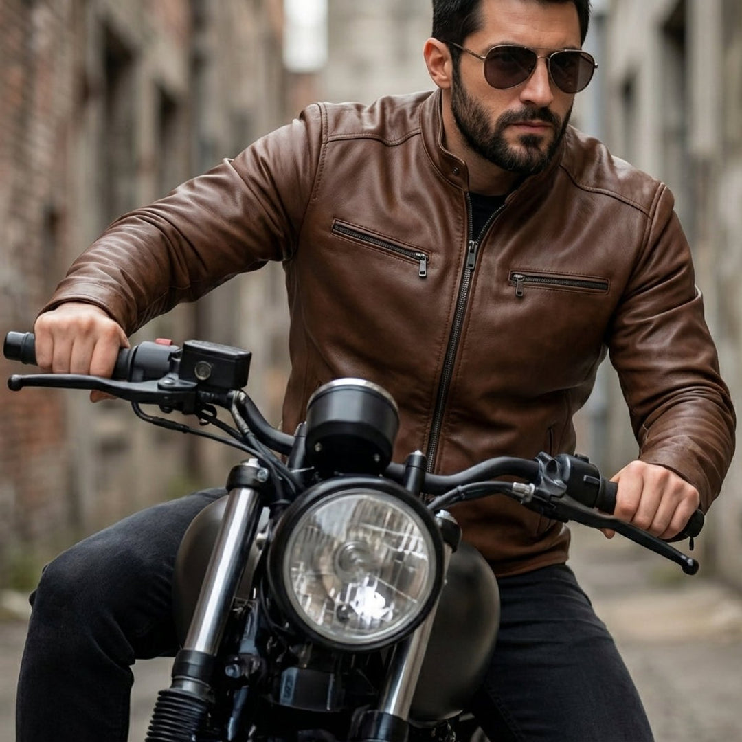 Men's Cowhide-Style Leather Biker Jacket Stand Collar Zip