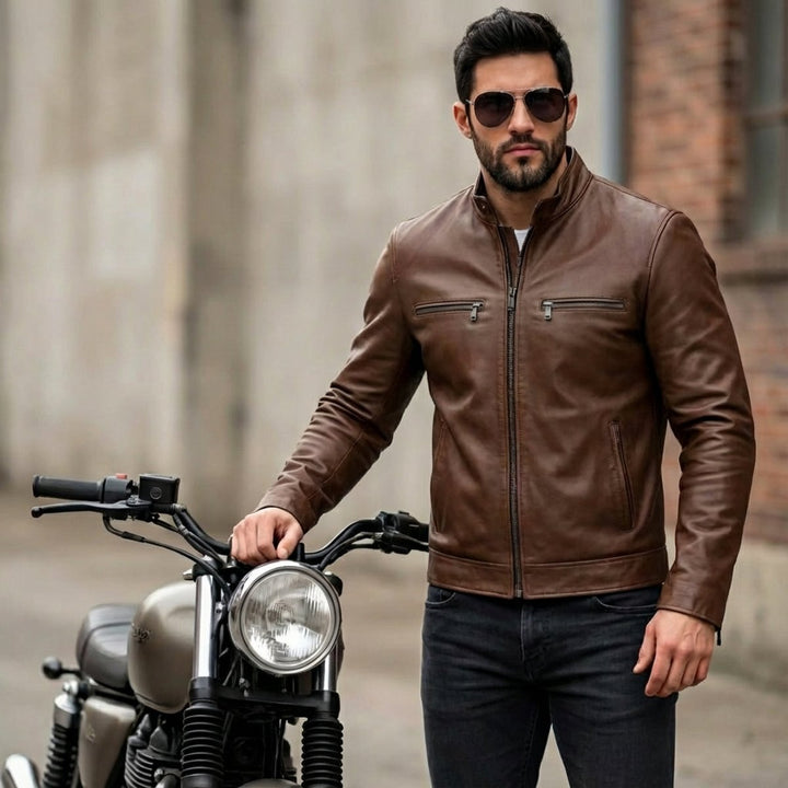 Men's Cowhide-Style Leather Biker Jacket Stand Collar Zip