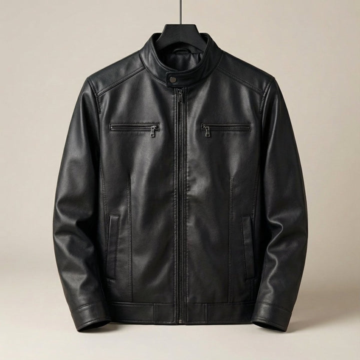 Men's Cowhide-Style Leather Biker Jacket Stand Collar Zip