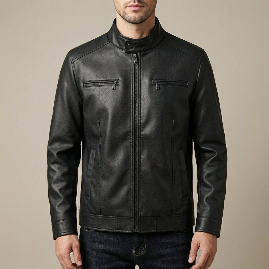 Men's Cowhide-Style Leather Biker Jacket Stand Collar Zip