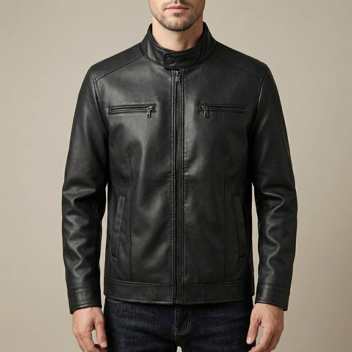Men's Cowhide-Style Leather Biker Jacket Stand Collar Zip