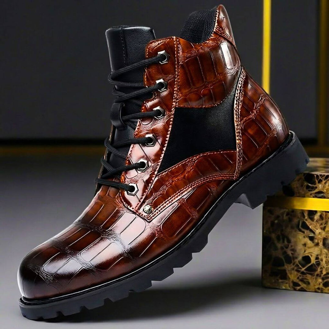 Men's Croc-Embossed Leather Ankle Boots Lace-Up - Cognac Brown