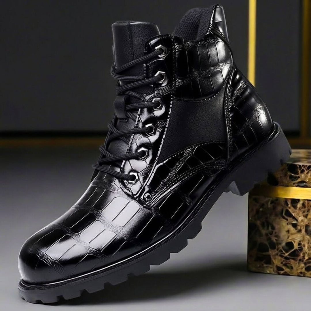 Men's Croc-Embossed Leather Ankle Boots Lace-Up - Obsidian Black