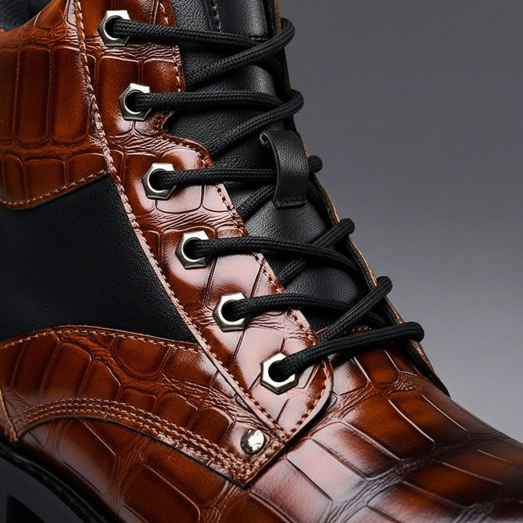 Men's Croc-Embossed Leather Ankle Boots Lace-Up