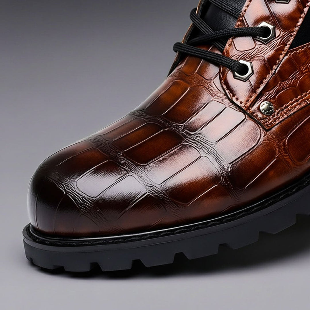 Men's Croc-Embossed Leather Ankle Boots Lace-Up