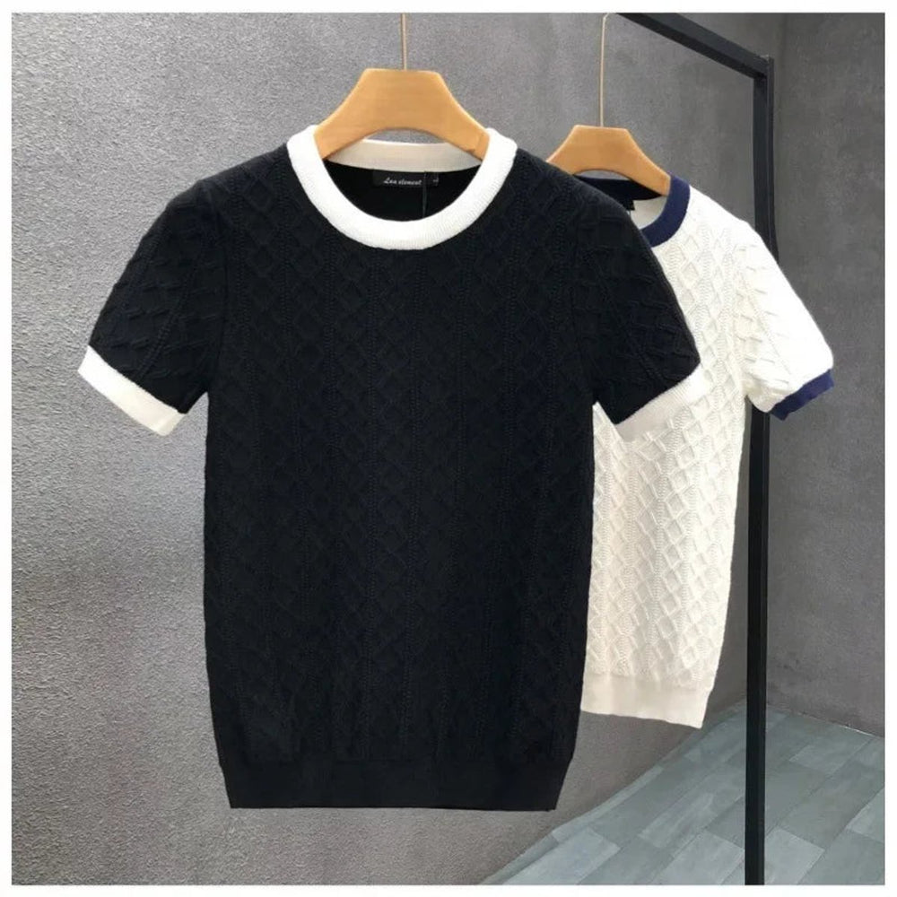 Men's Diamond-Knit Crewneck Jumper Contrast Trim Knitwear