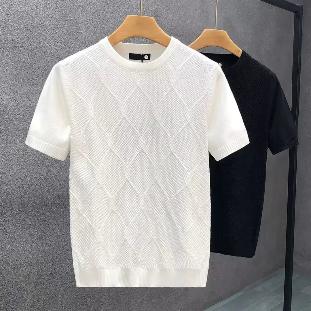 Mens Diamond Knit Crewneck Jumper Short Sleeve Textured Knitwear