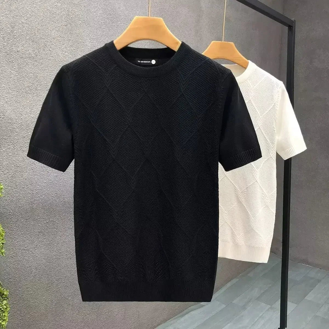 Mens Diamond Knit Crewneck Jumper Short Sleeve Textured Knitwear
