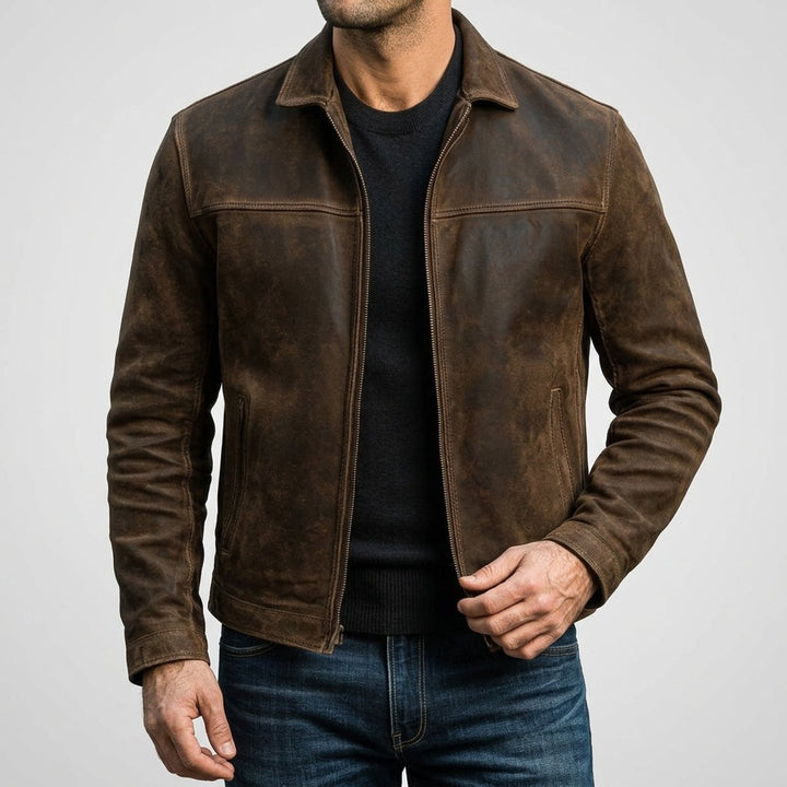 Men's Distressed Genuine Leather Bomber Jacket Zip-Up Coat