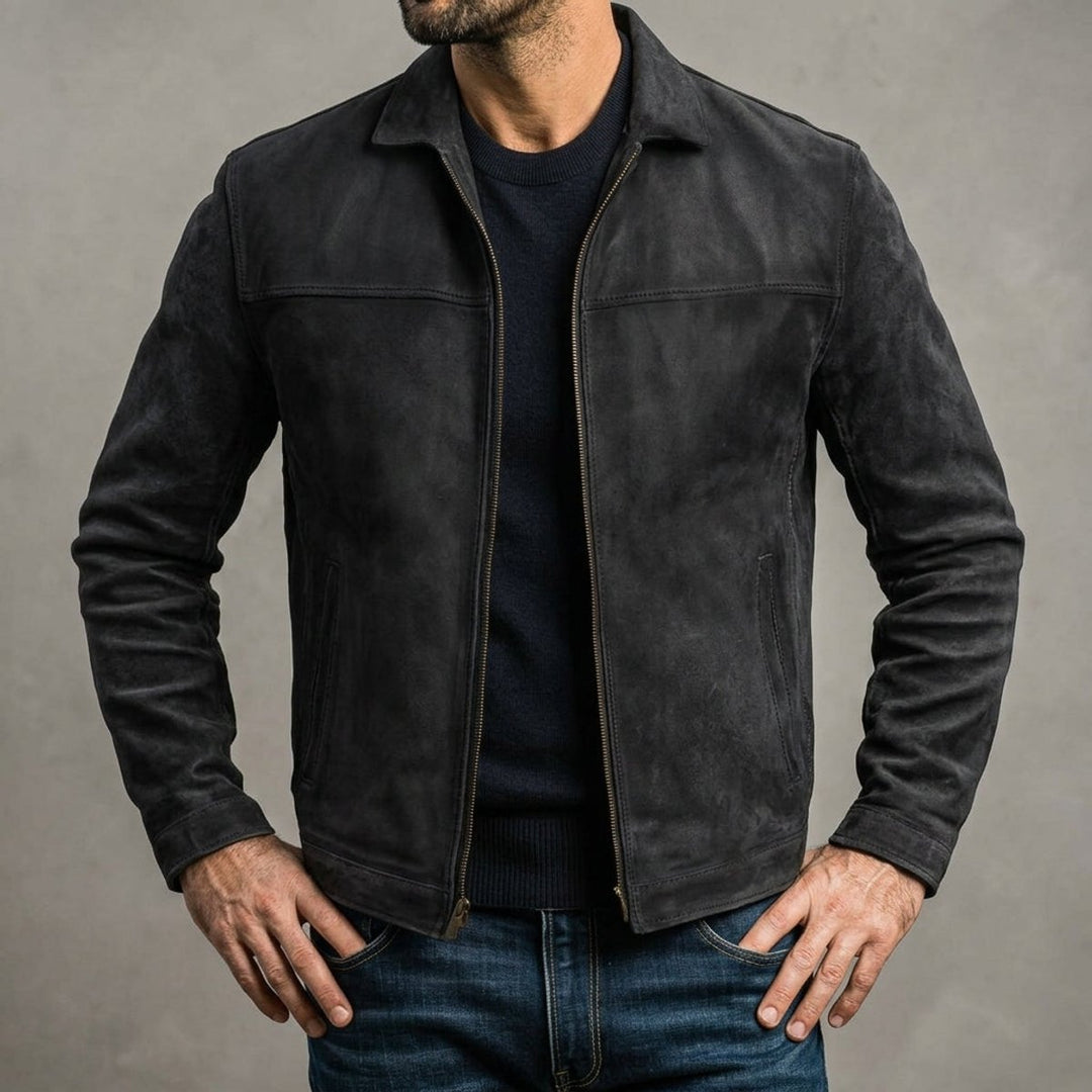 Men's Distressed Genuine Leather Bomber Jacket Zip-Up Coat