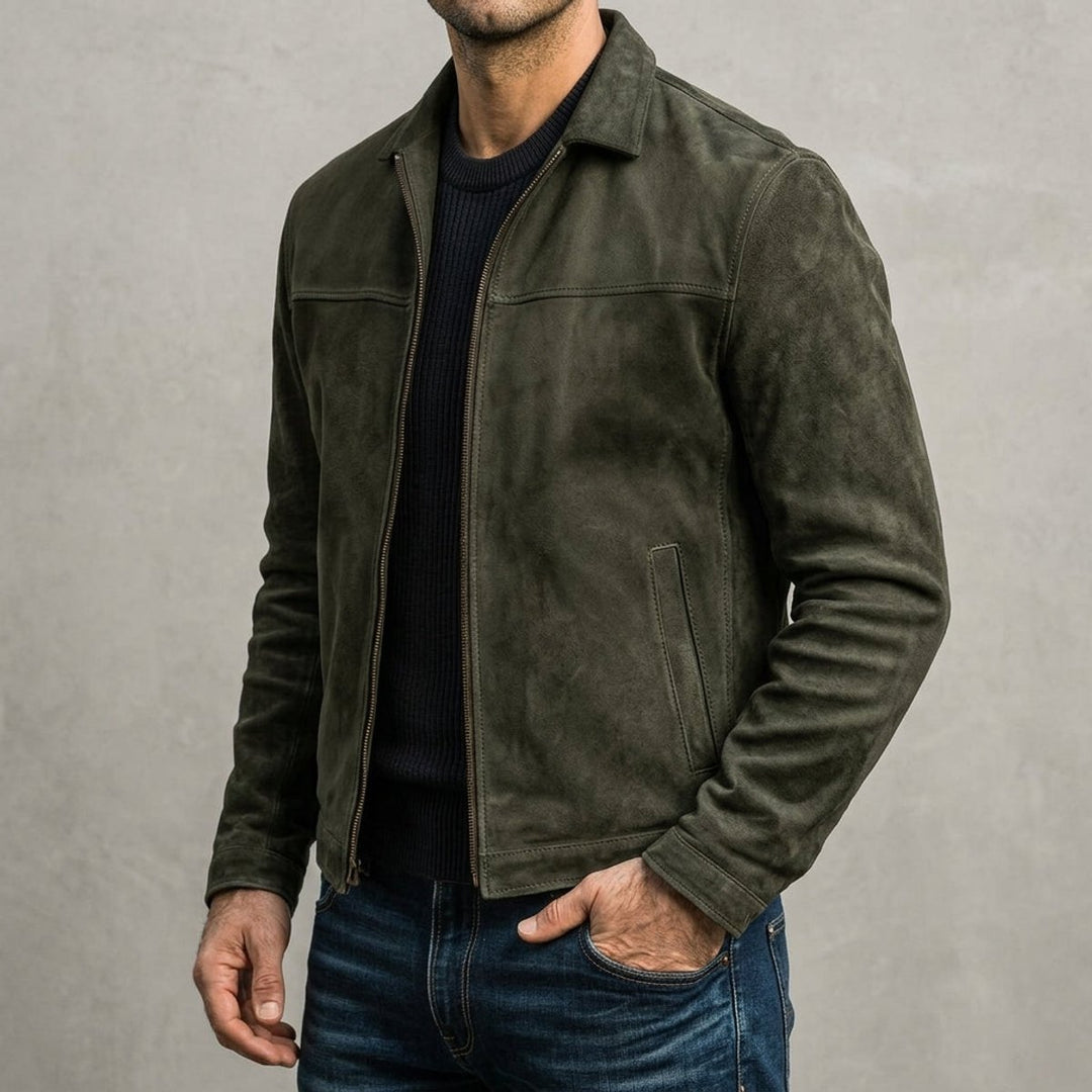 Men's Distressed Genuine Leather Bomber Jacket Zip-Up Coat