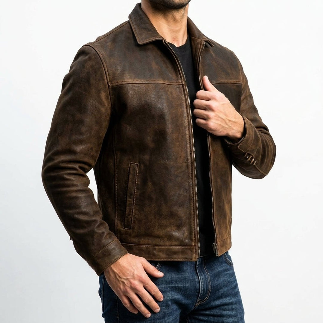 Men's Distressed Genuine Leather Bomber Jacket Zip-Up Coat