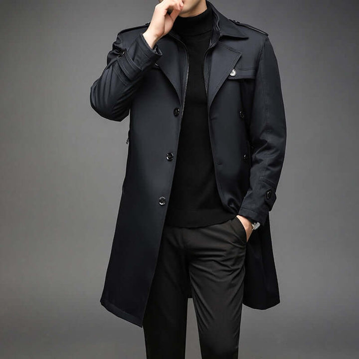 Men's Double-Breasted Trench Coat Jacket Epaulette Notched Lapel