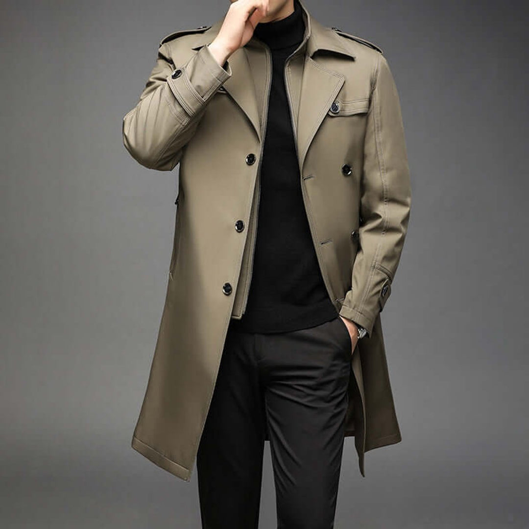 Men's Double-Breasted Trench Coat Jacket Epaulette Notched Lapel