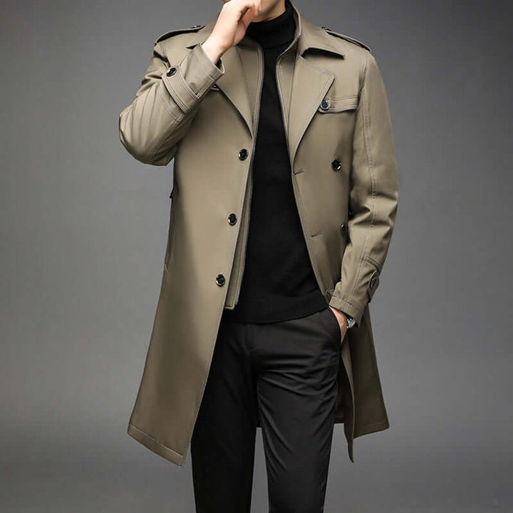 Men's Double-Breasted Trench Coat Jacket Epaulette Notched Lapel