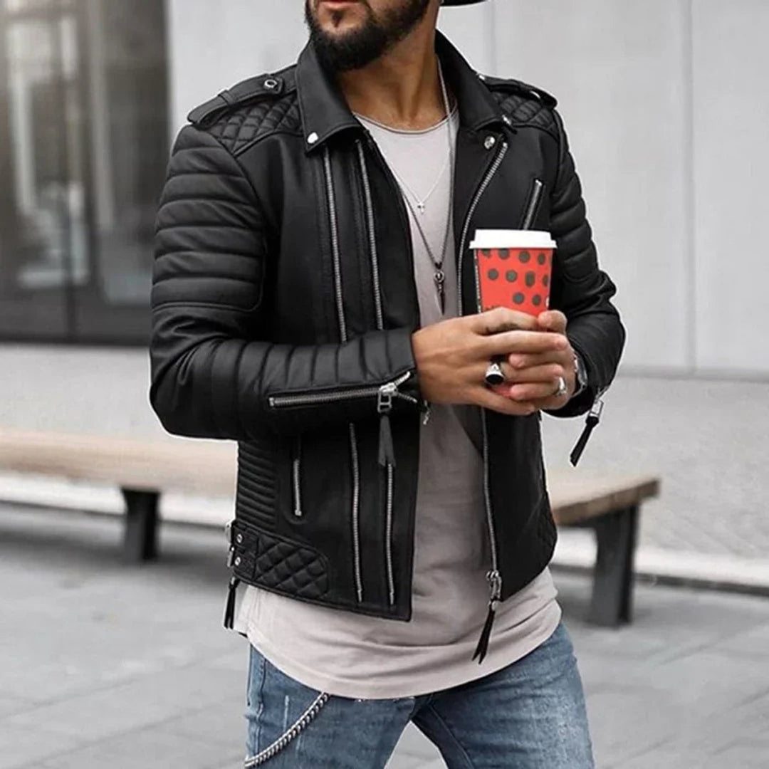 Men's Faux Leather Biker Jacket Quilted Shoulder Zip-Up