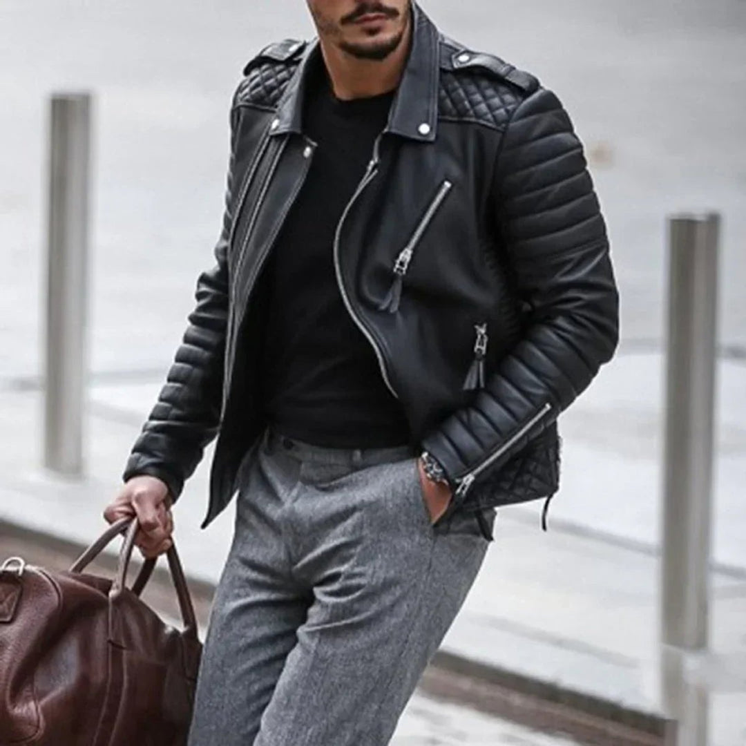 Men's Faux Leather Biker Jacket Quilted Shoulder Zip-Up