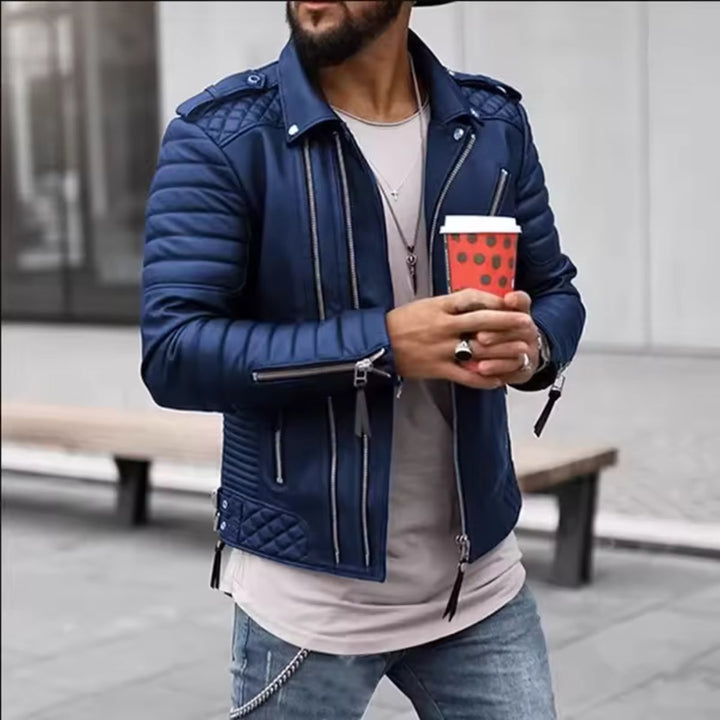 Men's Faux Leather Biker Jacket Quilted Shoulder Zip-Up