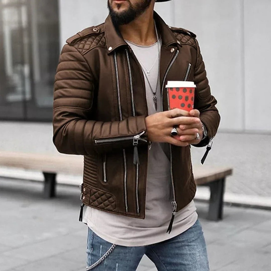 Men's Faux Leather Biker Jacket Quilted Shoulder Zip-Up