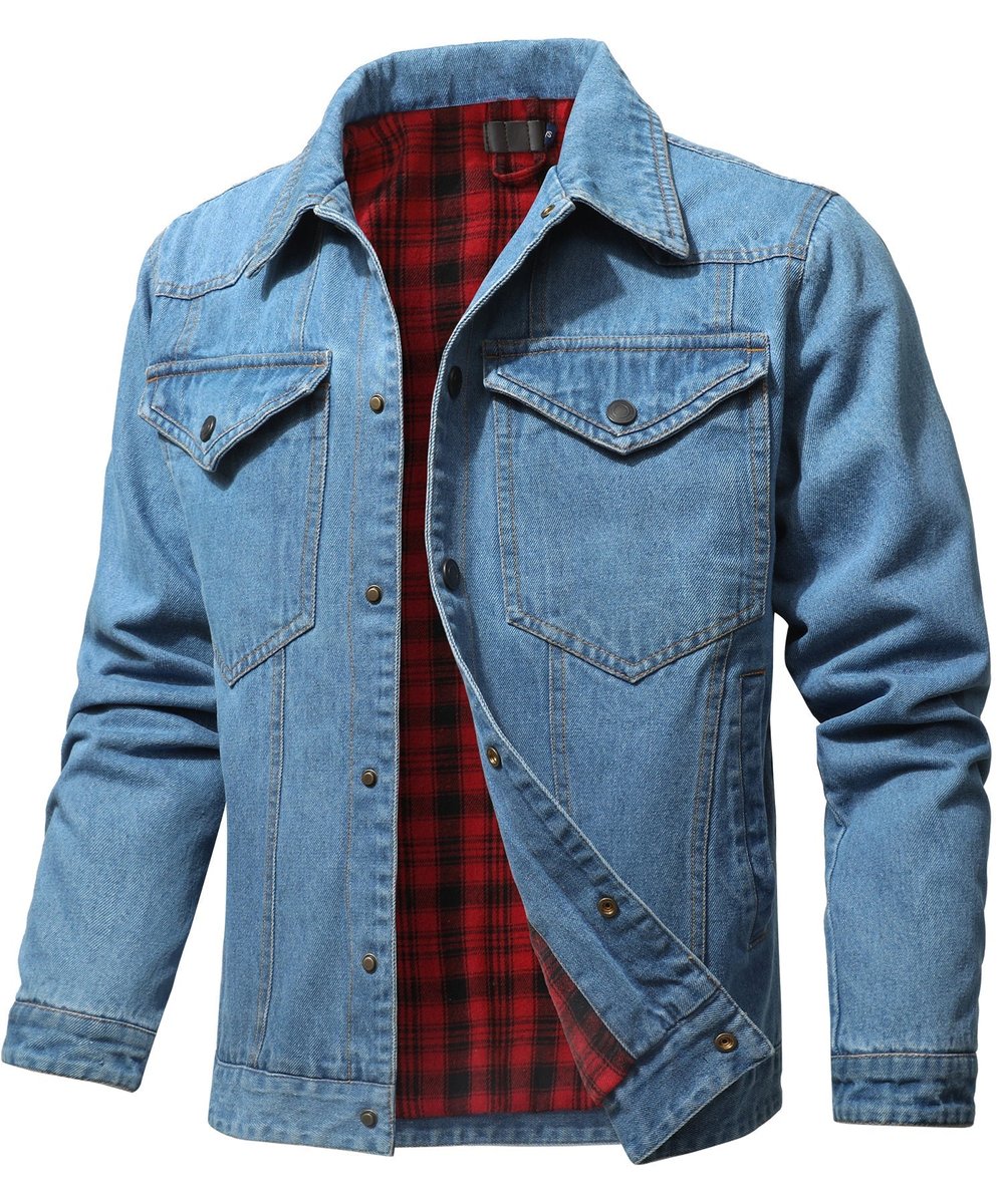 Men's Flannel-Lined Denim Trucker Jacket Button-Front Carhartt Style