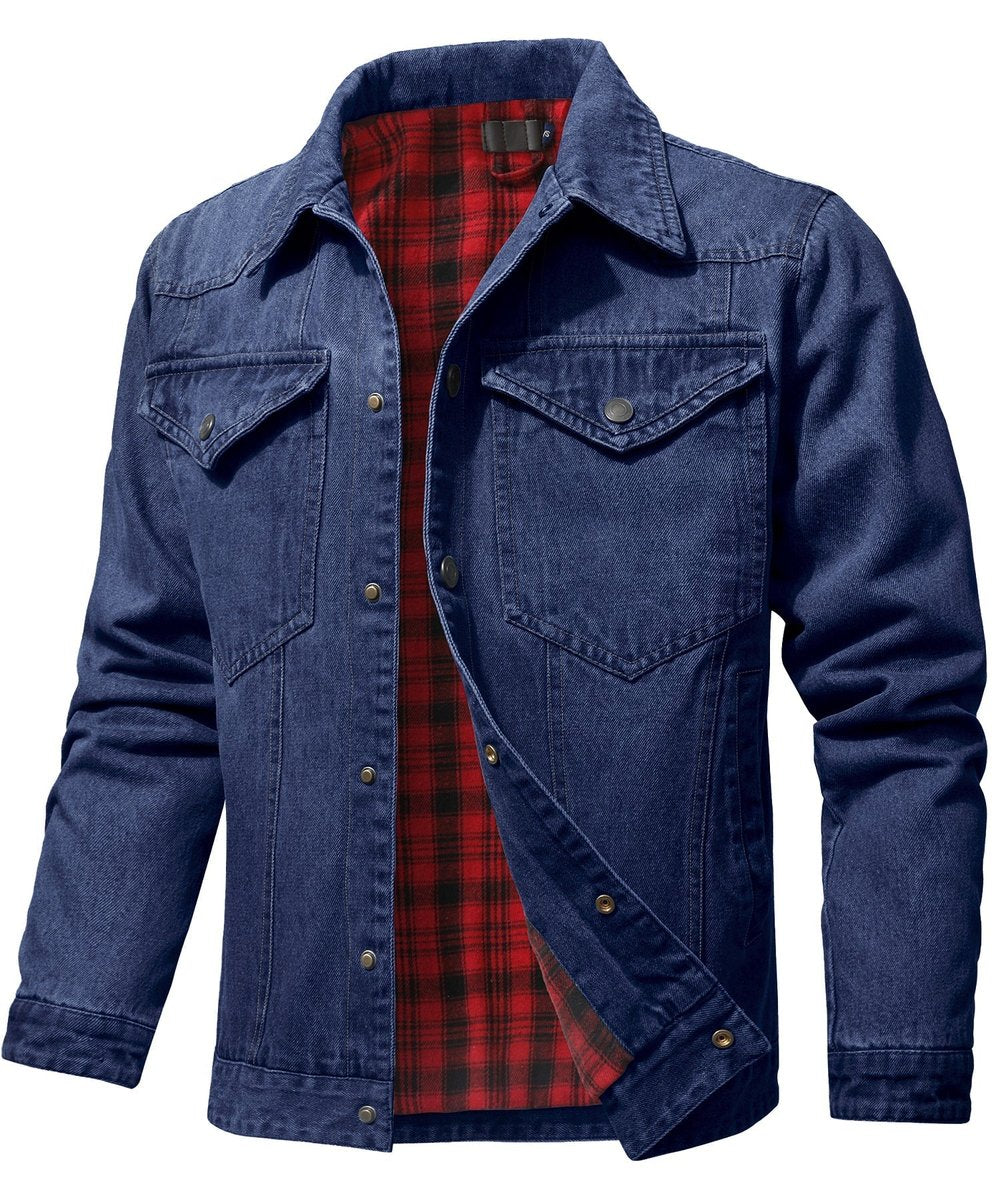 Men's Flannel-Lined Denim Trucker Jacket Button-Front Carhartt Style