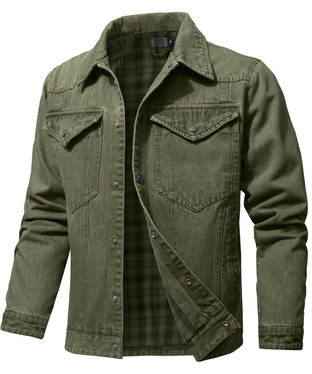 Men's Flannel-Lined Denim Trucker Jacket Button-Front Carhartt Style